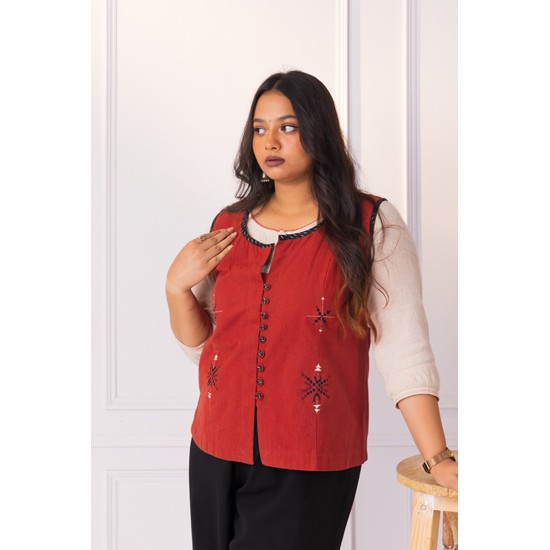 Deep Red Khadi Jacket With Ikat Trims