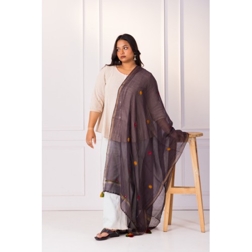 Phulkari Embroidered Chanderi Dupatta With Hand Tasseles