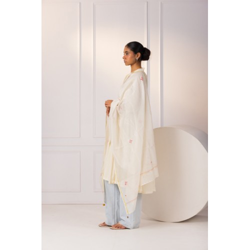 Off White Phulkari Embroidered Chanderi Dupatta